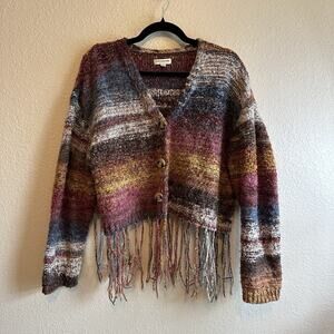 Earthbound Trading Co. Cardigan Medium Boho Cropped Wool Blend Top Fringe Chunky